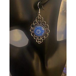 Drop Dangle Blue German Glass Stone Pendant Vintage Setting Earrings